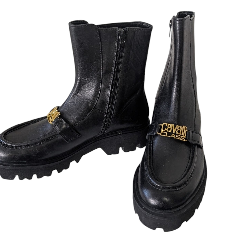Cavalli Class Black Leather Cortina Platform Lug Boots...Size EU 39(US 8.5-9)